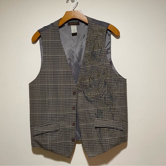Johnny Max mens vest, grey plaid with embroidered overlay. Working pockets. Med - Picture 4 of 7